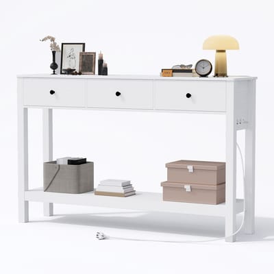 Xbro Consoletafel, Haltafel met 3 Lades en Opbergplank, Sidetable met EU-Stopcontact en USB,Wit