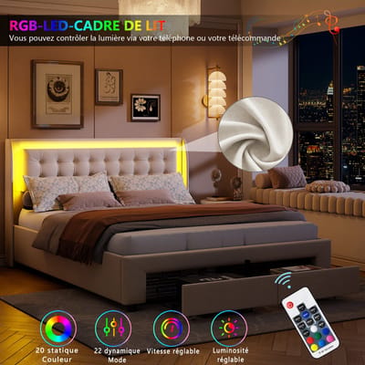 Opbergbed 140x190 cm beige gestoffeerd bed met 2 lades, LED-verlichting en USB-oplaadpoort
