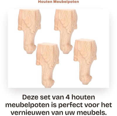 Dailygoods- Kabinet Poten - Houten Meubelpoten Set van 4 - Europese Stijl - Decoratieve Snijwerk - 15 x 6 cm - Duurzaam en Veilig