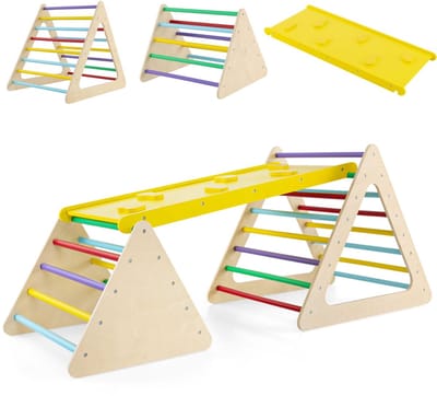 COSTWAY 3-In-1 Klimdriehoek voor Kinderen met 2 Ladders Omkeerbare Opritdriehoek voor Klimmen en Glijden van Hout Kleurrijk