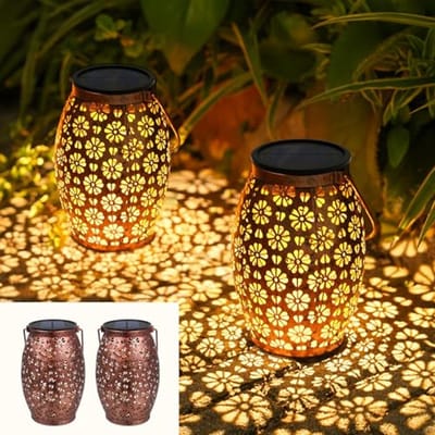 Solar Lanterns 2 Stuks Buiten - Vintage Metalen Oplaadbare Buitenverlichting - IP65 Waterdicht Tuin Decoratie