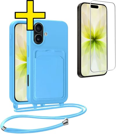 Hoesje Geschikt voor iPhone 17 Telefoonhoesje Met Koord Case Pashouder Met Screenprotector Siliconen - Hoes Geschikt voor iPhone 17 Hoesje Met Kaarthouder - Lichtblauw