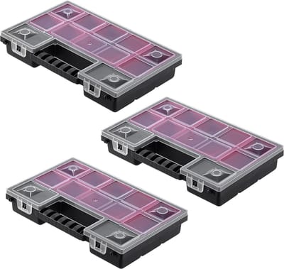 KADAX Organizer, gereedschapskist van kunststof, magazijn voor kleine onderdelen met transparant deksel, magazijn voor kleine onderdelen in verschillende maten, assortimentsdoos (28 x 18 cm, 3 stuks)