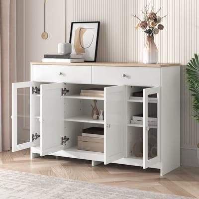 REDOM - Dressoir - 2 lades en 4 deuren - Verstelbare legplanken - Landhuisstijl - Woonkamer en eetkamer - MDF - Wit en houtkleur - 120 x 37 x 80 cm