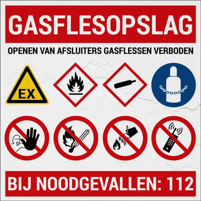 Gasflesopslag verboden te openen bord | Sign Again materiaal | 20 x 20 cm