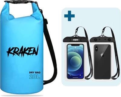 KRAKEN Drybag 20L Blauw | incl GRATIS Mobielhoesje | Premium Waterdichte Tas | Lichtgewicht Drybag | Duurzaam PVC Materiaal | Verstelbaar | Gemakkelijk Op te Bergen | Dry bag voor het Ultieme Supboard en Kayak Avontuur!