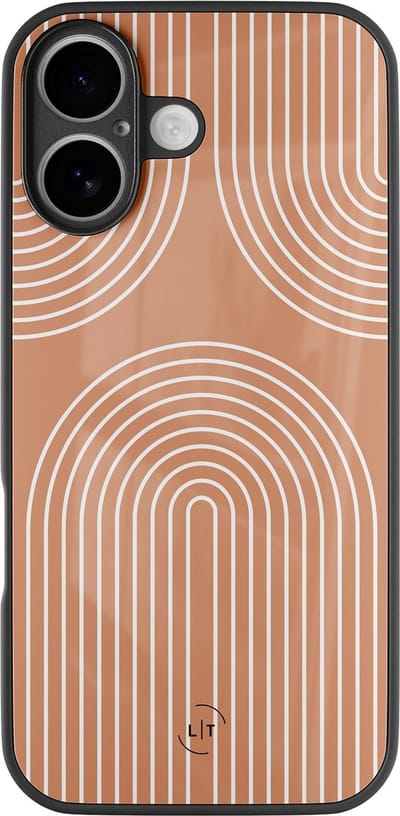 Hoesje geschikt voor iPhone 17 - Peach geometry - Luxe Glazen Hardcase - Hippe print - Oranje - Leuke Telefoonhoesjes