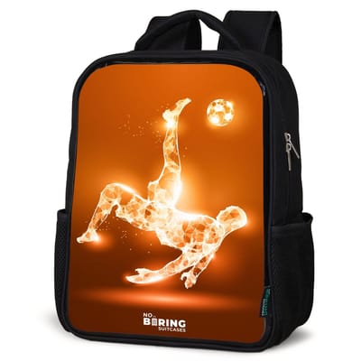 NoBoringSuitcases.com® - Rugzak zwart - Schooltas jongen & meisje - Oranje lichtvoetballer in zweefmoment - Rugtas voor school - Boekentas kind - Schoolrugzak - Kinderrugzak