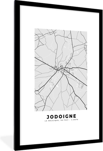 Fotolijst incl. Poster Zwart Wit- Stadskaart – Plattegrond – België – Zwart Wit – Jodoigne – Kaart - 80x120 cm - Posterlijst