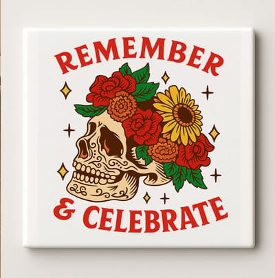 Keramische Kunsttegel 15x15cm – “Remember & Celebrate” Bloemen Schedel Ontwerp – Dag van de Doden Geïnspireerde Muurdecoratie voor Huis