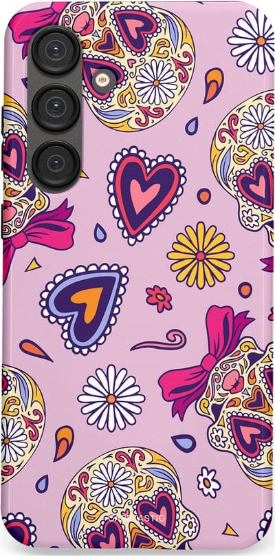 Casetastic hoesje geschikt voor Samsung Galaxy S25 Plus - Dubbellaagse bescherming - Dia de los Muertos Doodshoofd Strik - Fashion Case - Lichtroze Lila Taupe Zilver