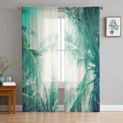Groene Bladeren Jungle Plant Natuur Modern Tule Gordijnen Voor Woonkamer Transparant Gordijn Slaapkamer Voile Decoratieve Raambekleding 135W x 114H(cm)