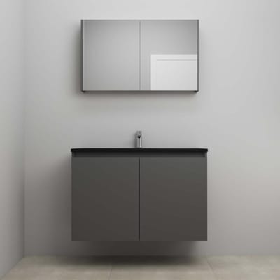 On-Line Badkamermeubelset - 100 cm - Bouwpakket - Greeploze Ladestructuur - Acryl Wastafel - 1 Kraangat - Spiegelkast - Mat Antraciet