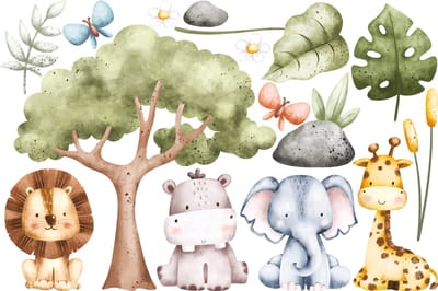 Muurstickers - Aquarel Jungle Dieren - Zelfklevende Stickers - 110x165cm