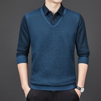 Pull faux deux pièces pour hommes, col de chemise, manches longues, velours épais, hiver, chaud, haut, bas, pull pour hommes 4XL black