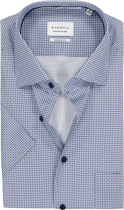 ETERNA modern fit overhemd korte mouw - twill - wit met licht- en donkerblauw dessin - Strijkvrij - Boordmaat: 38 (EU maat: S)