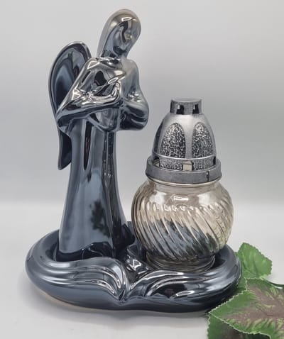Herdenkingslicht - Engel - Lantaren - Keramiek - Antraciet - Windlicht - Graflicht - Graflantaarn - Grafdecoratie