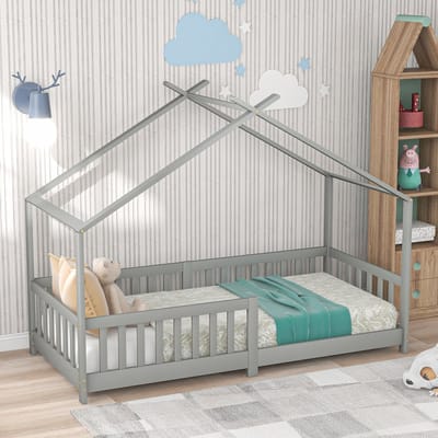 Wishdor Huisbed 90x200 cm – Dakontwerp & Veiligheidshek – Lichtgrijs Massief Grenen – Modern & Knus
