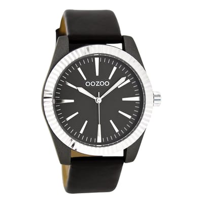 OOZOO Timepieces - Zilverkleurige horloge met zwarte leren band - C6519