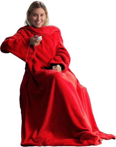 Knuffeldeken met Mouwen en Voettas - Fleece Tv-deken van Microvezel 150 x 180 cm in Rood Koraal