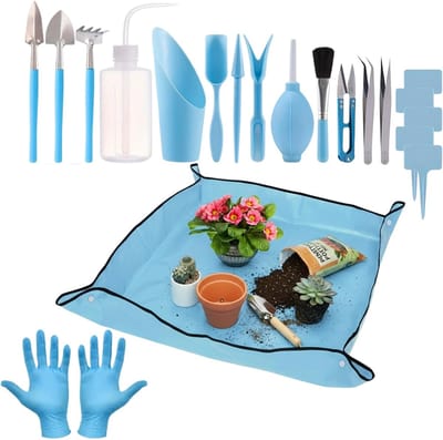 Tuingereedschap Set - Miniatuur Vloeruitrusting - Planten Verzorgen - Wasbare Opvouwbare Mat - 19 Delig - Blauw