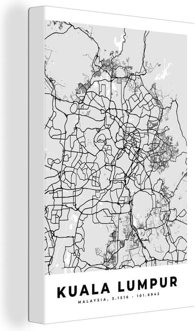 Canvas Schilderij Kuala Lumpur - Stadskaart - Plattegrond - Zwart Wit - Kaart - 20x30 cm - Wanddecoratie