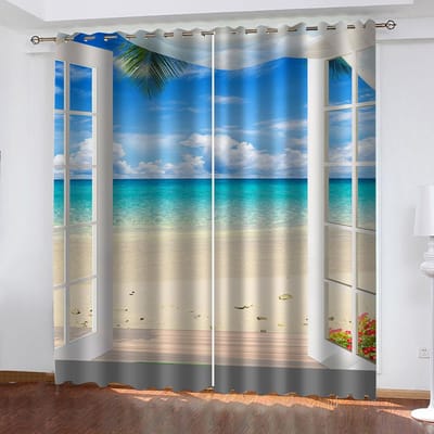 Superior Seaside Apart Sand Beach Prints Gordijnen Kamer Kustlandschap Gordijn Raam Woonkamer Slaapkamer Gordijnen Gratis Haken 100W130H(CM)40x51in&Grommet Top