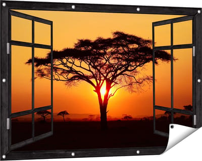 Gards Tuinposter Doorkijk Zonsondergang Achter een Savanne Boom - 120x80 cm - Tuindoek - Tuindecoratie - Wanddecoratie buiten - Tuinschilderij