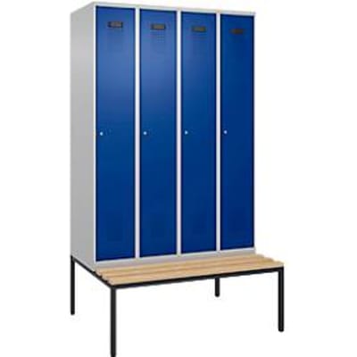C+P Evolo Plus garderobekast, 4 vakken, 300 mm vakbreedte, met bank eronder, B 1200 x D 815 x H 2120 mm, cilinder, blank aluminium/ gentiaanblauw