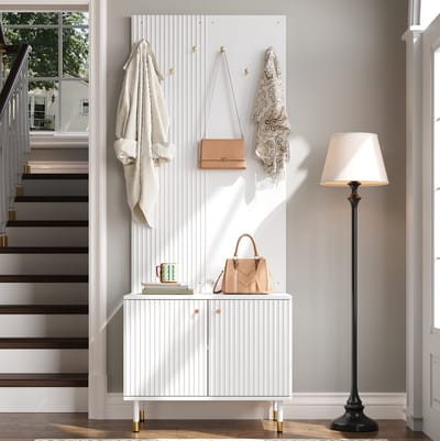 Schoenenkast - Staand Model Met 6 Haken En Verstelbare Plank - Voor Hal En Entree - Wit MDF Spaanplaat - 70x35x180 Cm