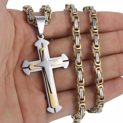 Collier Pendentif Croix pour Homme en Acier Titane Croix Triple Couche Ne Se Décolore Pas Acier Inoxydable Bijoux Européens et Américains brown