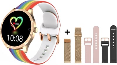 Belesy® BQSiRgRb PLUS - Smartwatch Dames – Smartwatch Heren - Horloge - 1.28 inch - Kleurenscherm - Stappenteller - Bloeddruk - Hartslag - 75+ Wijzerplaten – Sporten – Rose Goud - Milanees staal - Siliconen – Regenboog – Roze - Zwart - Kerstcadeau