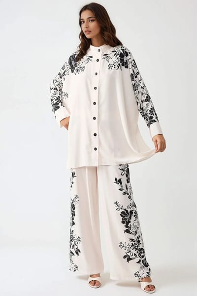 Geprinte Oversized Twee-delen Set met Ronde Hals en Knopdetails