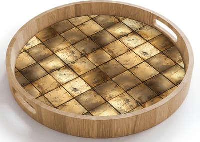 Dienblad rond 40x40 cm - Schootdienblad hout - Geometrisch - Tegels - Goud - Borrelplank rechthoek - Plateau houten dienbladen