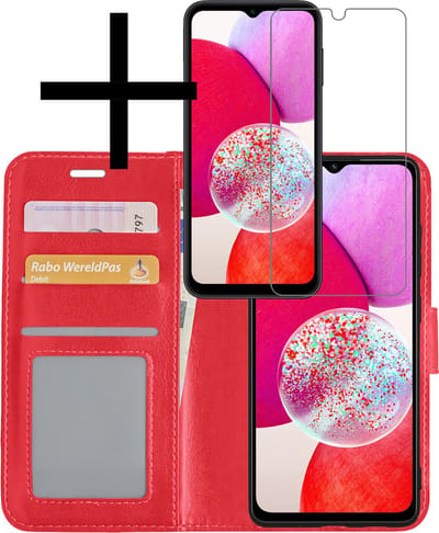 Hoesje - Met Screenprotector - Geschikt voor Samsung Galaxy A14 - Luxe Pasjeshouder - Bookcase Portemonee - Flip Case - Kunstleer Book Case - Flipcase - Book Cover - Walletcase - Portemonneehoes - Rood