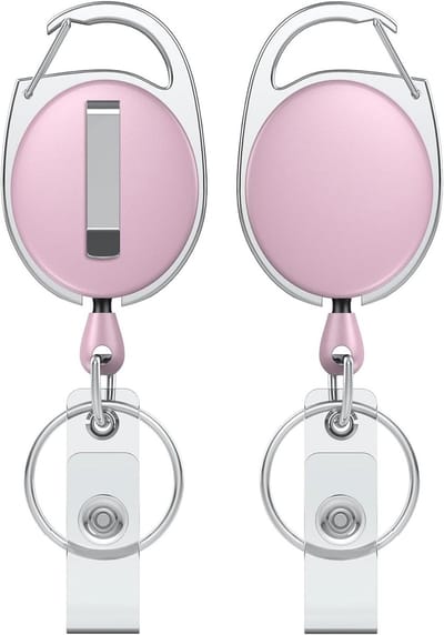 Set van 2 Oprolbare Badge Reel voor Badgehouder - Stevige Sleutelhanger met RVS Veer, 24 Inch Nylon Touw, Karabijnhaak en Sleutelhanger in Roze, Ideaal voor Werk en Evenementen