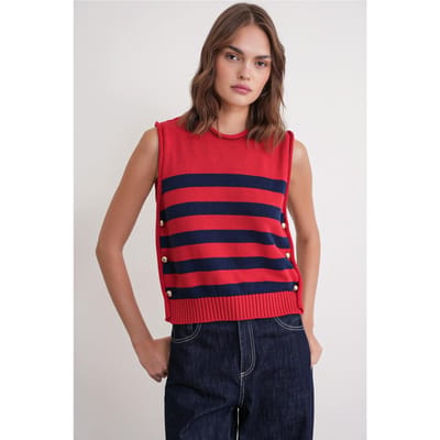 Gestreepte Gebreide Top met Knopdetails