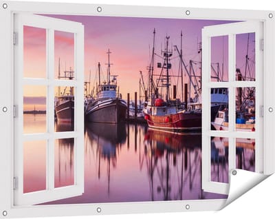 Gards Tuinposter Doorkijk Schepen in de Haven - Boten - 120x80 cm - Tuindoek - Tuindecoratie - Wanddecoratie buiten - Tuinschilderij