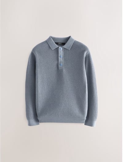 Next - Jongens - Poloshirt met textuur en lange mouwen - Blauw