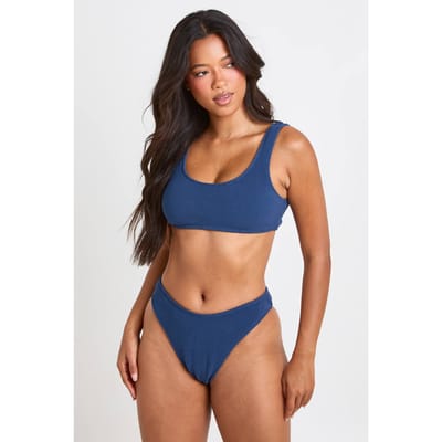 boohoo Dames Getextureerd Hoog Uitgesneden Bikinislipje | Navy | Maat: 6