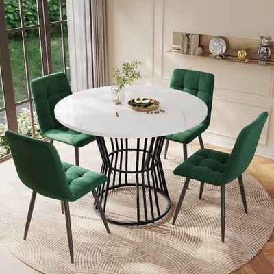 MODFU - Eettafelset - 5-Delig Rond - Modern - Voor Keuken Of Eetkamer - MDF, Metaal En Fluweel - Wit, Groen En Zwart - 100 Cm