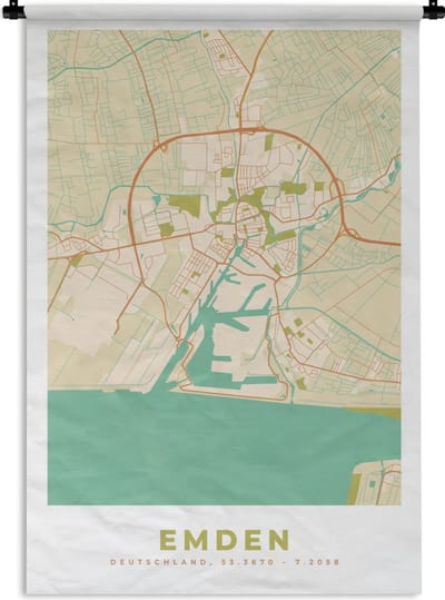 Wandkleed - Wanddoek - Emden - Plattegrond - Kaart - Stadskaart - Vintage - 120x180 cm - Wandtapijt
