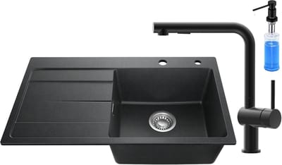 SOFETIY MAX Granieten Spoelbak 78x45CM - Spoelbakken Keuken Met L-uitloop Keukenkraan en Zeepdispenser 300ML - Spoelbak Met Planchet en Afdruiprek - Spoelbakken Incl. Sifon en Afvoerzeefje - Zwart