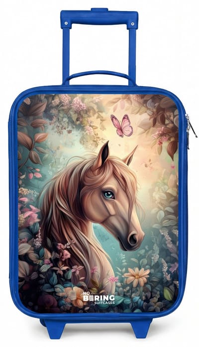 NoBoringSuitcases.com® - Kinderkoffer blauw - Kindertrolley jongen - Paard met vlinders in bloementuin - Koffer kind lichtgewicht - Reiskoffer trolley voor kinderen - Koffertje met lichtgevende wieltjes - Rolkoffer