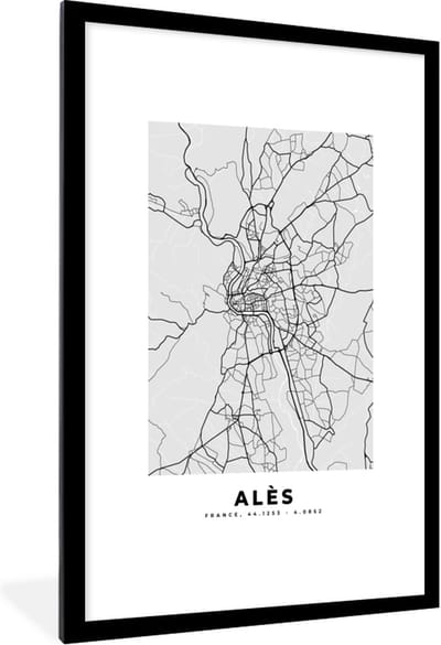 Fotolijst incl. Poster - Kaart – Stadskaart – Alès - Plattegrond – Frankrijk - 80x120 cm - Posterlijst