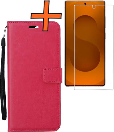 Hoes - Met Screenprotector - Geschikt voor Samsung Galaxy S25 Ultra - Luxe Pasjeshouder - Bookcase Portemonee - Flip Case - Kunstleer Book Case - Flipcase - Book Cover - Walletcase - PortemonneeHoes - Donkerroze