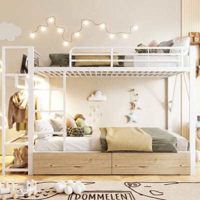 VVBV Metalen Stapelbed 140x200 cm met LED-Verlichting, Planken - Voor Hal/Entree, 2 Lades - Metaal Wit - Zonder Matras