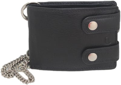 OI zwarte lederen portemonnee met ketting / laag model "bikers" portemonnee / stoere afsluitbare beurs met ketting / anti skim / zwart / 187