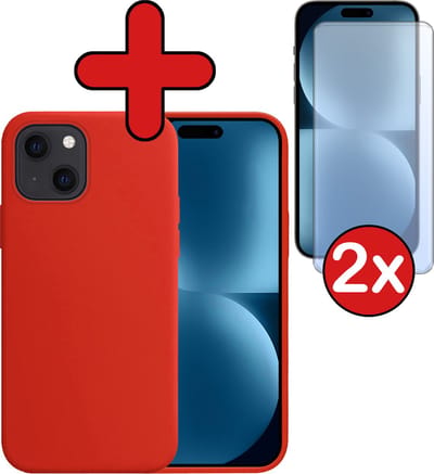 Hoesje - Met 2x Screenprotector - Geschikt voor Apple iPhone 15 - Sterk & Shockproof - Telefoon Hoes - Back Cover - Siliconen Case - Telefoonhoes - Rood