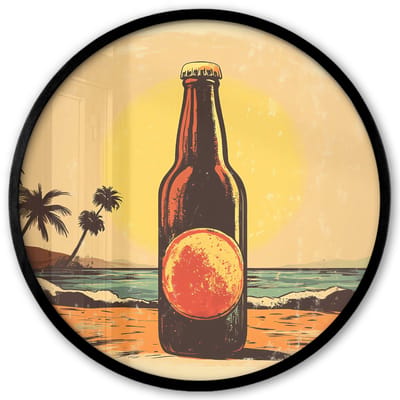 Poster in lijst Rond - Fotolijst 40x40 cm - Posters - Bierfles - Zonsondergang - Palmbomen - Zee - Ronde posterlijst zwart - Decoratie - Wanddecoratie woonkamer - Muurdecoratie slaapkamer